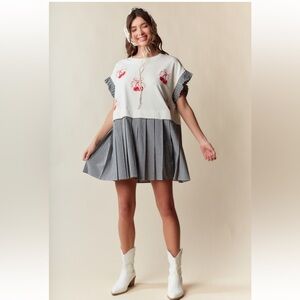 649. Cherry embroidered pleated gingham dress black cream